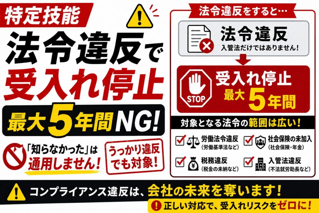 特定技能】受入れ停止を防ぐ！法令違反を起こさないための対策ガイド